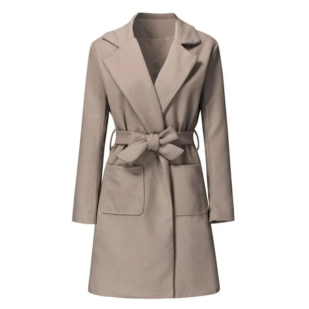 Feitong, осенне-зимнее пальто, смесь, женское, длинный рукав, сплошной цвет, высокая талия, повседневное, Свободное пальто с поясом, женская верхняя одежда - Цвет: Хаки