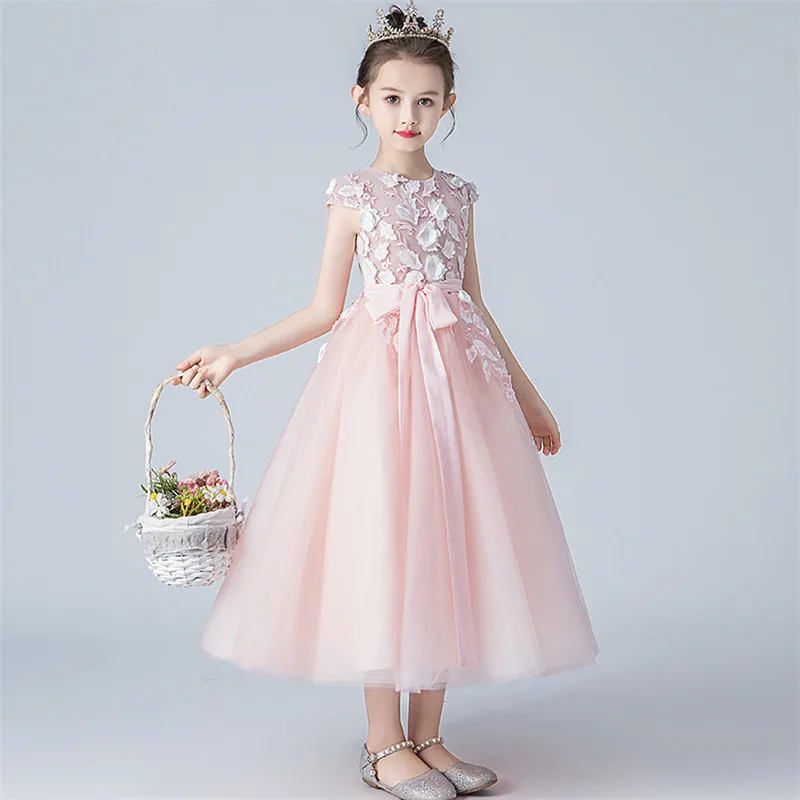 High-Grade New Children Girls Nice Pink Color Appliques Flowers Birthday Wedding Party Princess Long Dress Costumes Host Dress