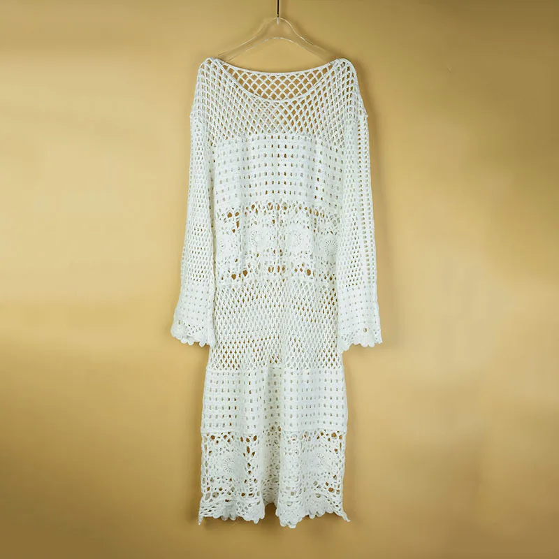 Summer Beach Dress Kimono Bathing Tunic Pareo Swimwear May Female Pure Color Skirt Upper Garment Hollow Loose Smock Flower
