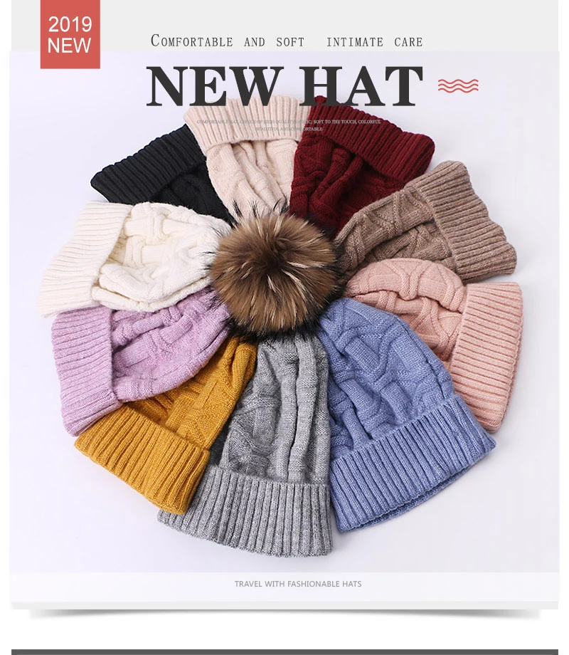 Зимняя шапка из натурального меха с помпонами и помпонами Skullies Beanies, шапка для женщин, уличная теплая Толстая шапка, женская вязаная шапка