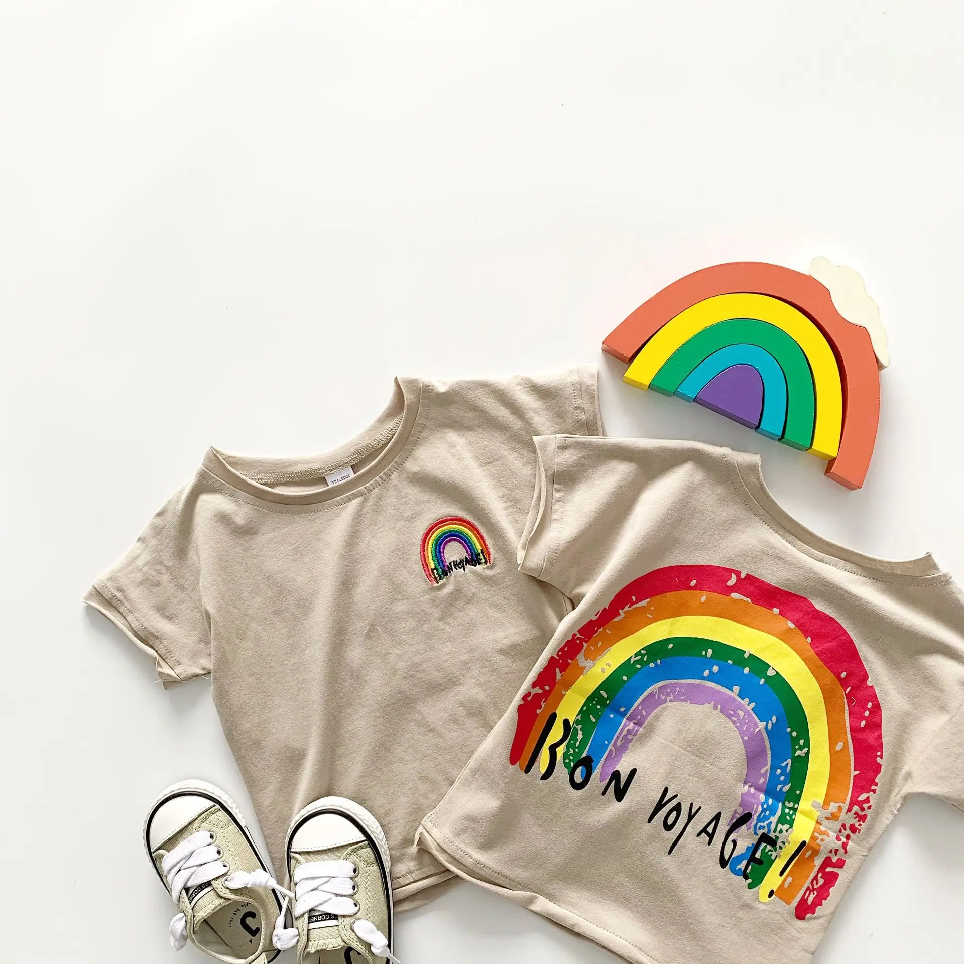 

Tonytaobaby Summer New Boys and Girls Children's Clothing Rainbow Embroidery Short Sleeve T-shirt Pure Cotton