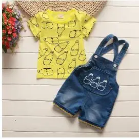 Летний комплект одежды для мальчиков, детские топы, футболка+ джинсовый комбинезон, спортивные костюмы, комплект одежды, спортивный костюм для маленьких мальчиков - Цвет: Цвет: желтый