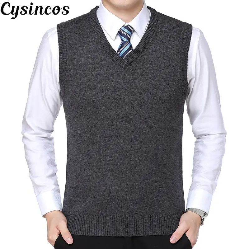 

CYSINCOS New 2019 Knitted Pullover Male V-Neck Sleeveless Formal Business Homme Casual Knitwear Solid Men Thin Sweaters Vest