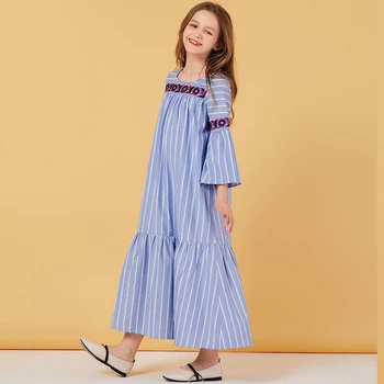 

Sweat Dress Muslim Girls Children Striped Pleated Moroccan Dresses Kids Kimono Flare Sleeve Hijab Elbise Dubai Vestido Kaftan