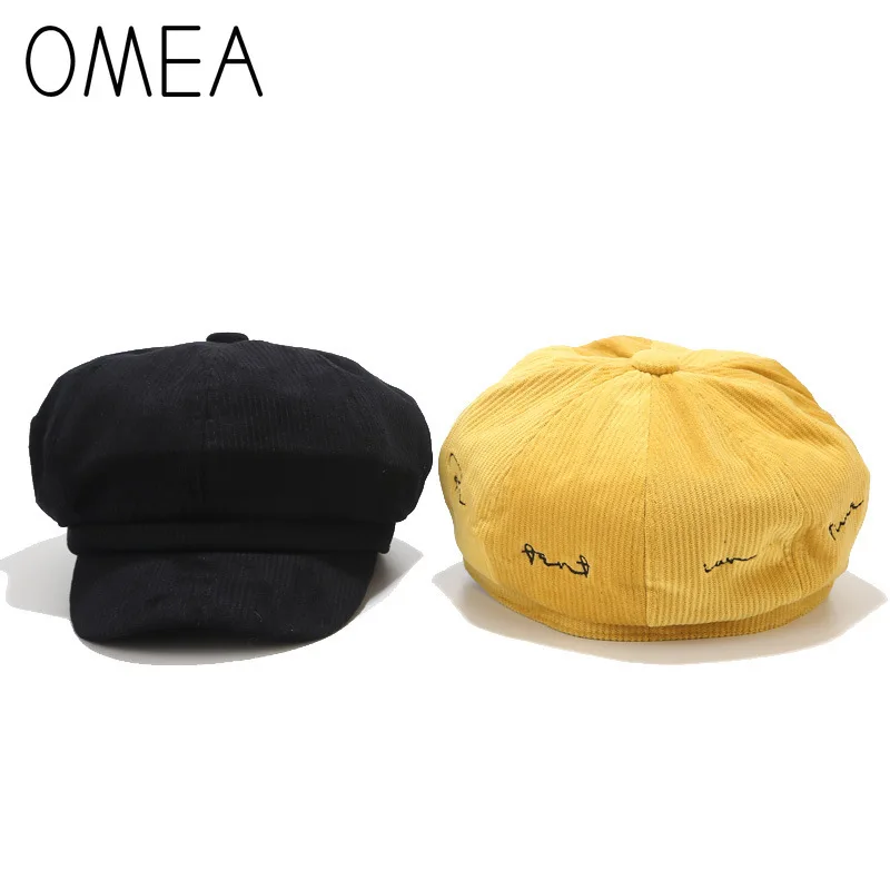 OMEA, Вельветовая Женская кепка с козырьком, Зимняя кепка с козырьком, с вышивкой, восьмиугольная кепка, Весенняя повседневная женская шапка, шапка с козырьком, уличные шапки