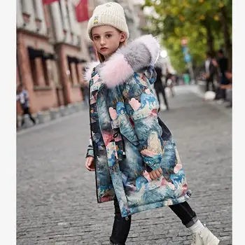

Winter fashion children down coats thicker warm Windproof hooded print outerwear real fur collar parka kids down jackets