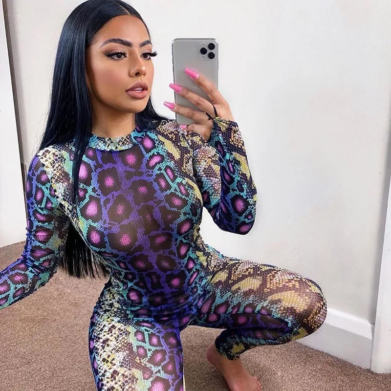 Hirigin-mono Sexy con estampado de serpiente para mujer, mono de manga larga con cuello redondo, Bodycon con Espalda descubierta, ropa de calle para Club, otoño