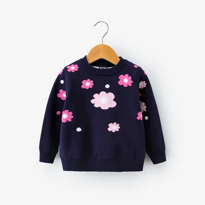 navy blue Свитера для маленьких девочек 2-8 лет; зимняя детская одежда принцессы с цветочным рисунком; пуловер; Хлопковый вязаный свитер с круглым вырезом; одежда для детей - Color: navy blue
