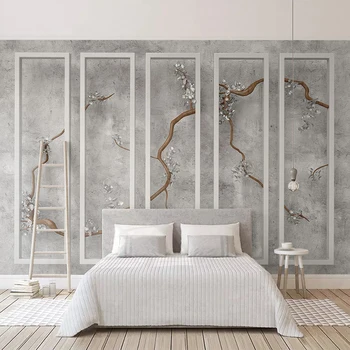 

Custom 3D Wall Murals Wallpaper Gray Cement Wall Tree Branch Flowers Mural Painting Bedroom Living Room Wall Covering Home Decor