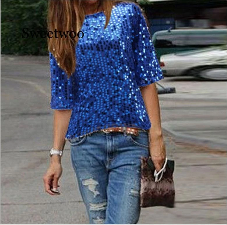 2020 Women Sexy Loose Tops Sequin Blouses Fashion Casual Shirts Plus Size Streetwear Party Tops Short Sleeve Shirts - Blouses & Shirts - AliExpress