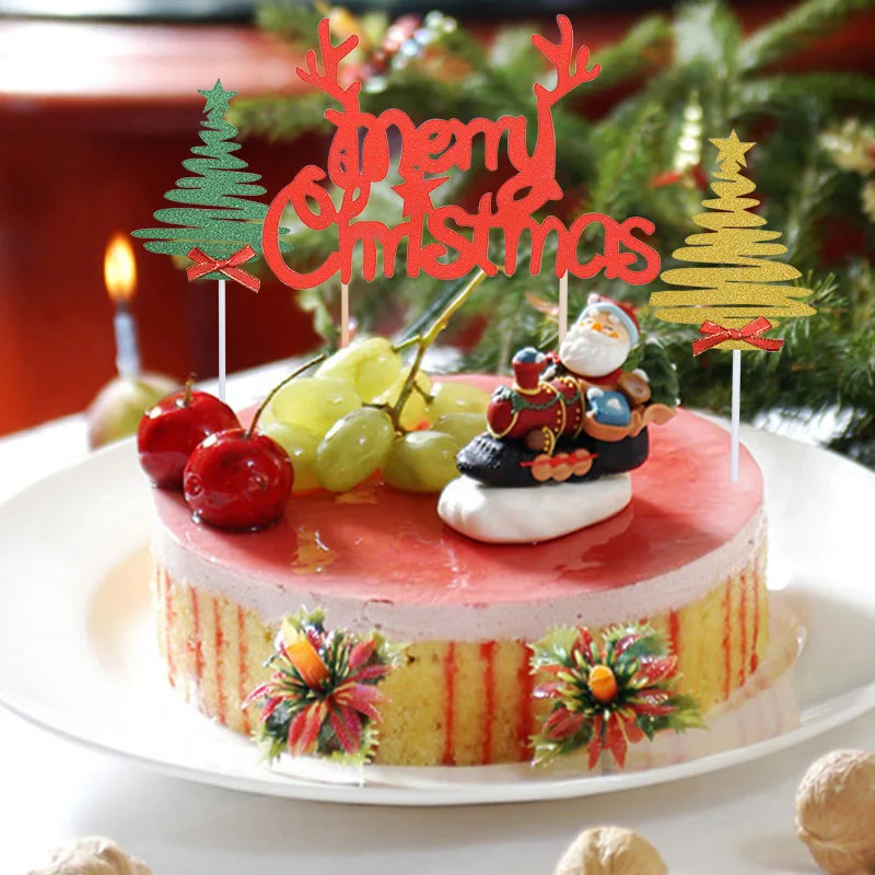 10pcs Merry Christmas Cake Topper Cute Elk Christmas Tree Snowman Paper Cupcake Toppers DIY Happy New Year Xmas Party Cake Decor