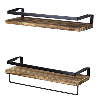 

Rustic Floating Wall Shelves with Rails Decorative Storage Shelf for Kitchen Bathroom Modern Shelving Black Metal Frame Set of 2