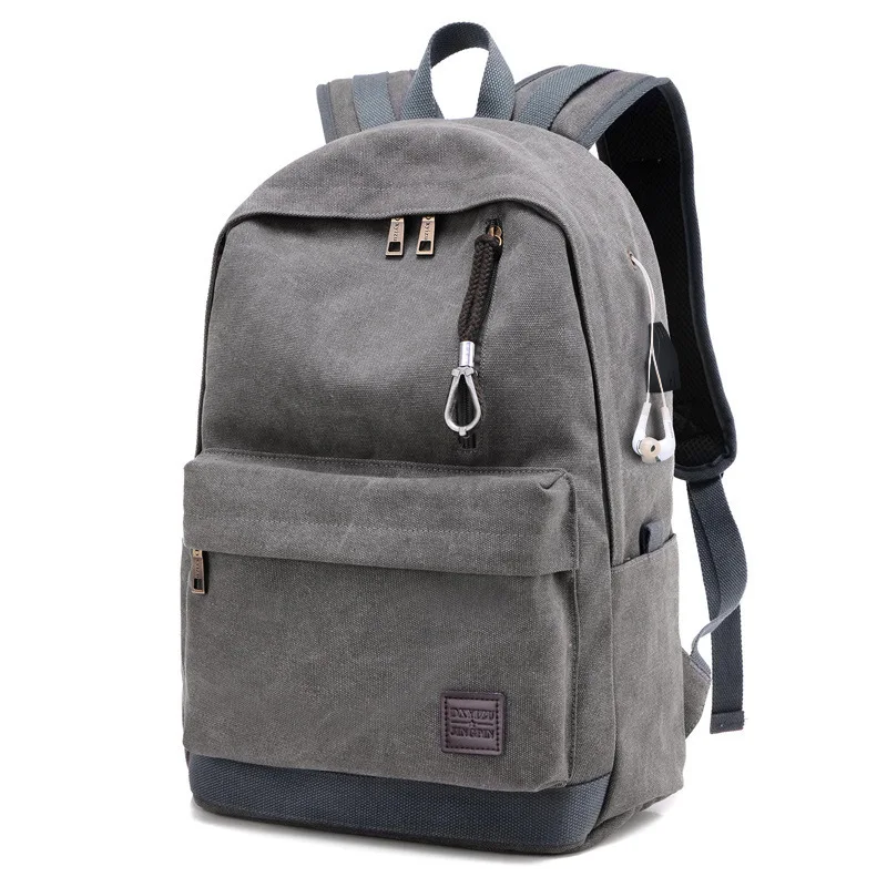 

ABZC-Men's Backpack Recharge USB Retro Earphone Canvas Travel Sport Casual Multifunction Gray