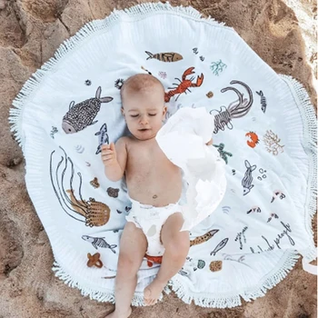 

Round Tassel Mat Beach Towel Marine Animals Print Soft Cashmere Blanket Play Mat Baby Rug Toys Mat for Swimming Shower Pad