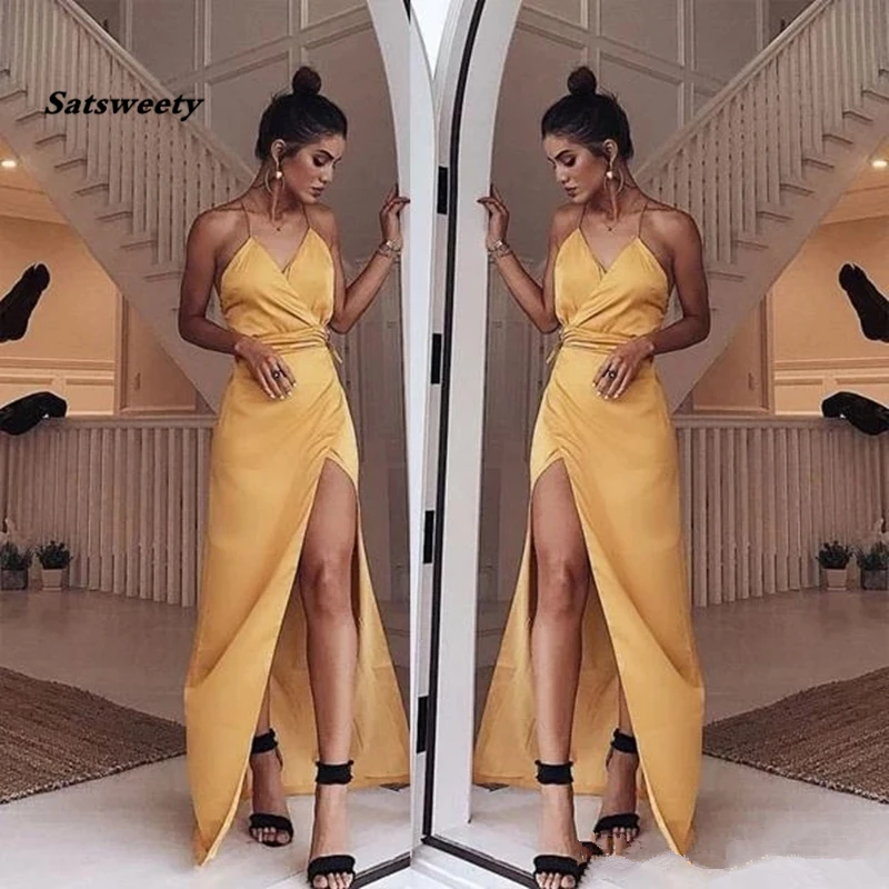

2020 Charming V Neck Spaghetti Straps Yellow Elastic Satin Long Prom Dresses with Side Split