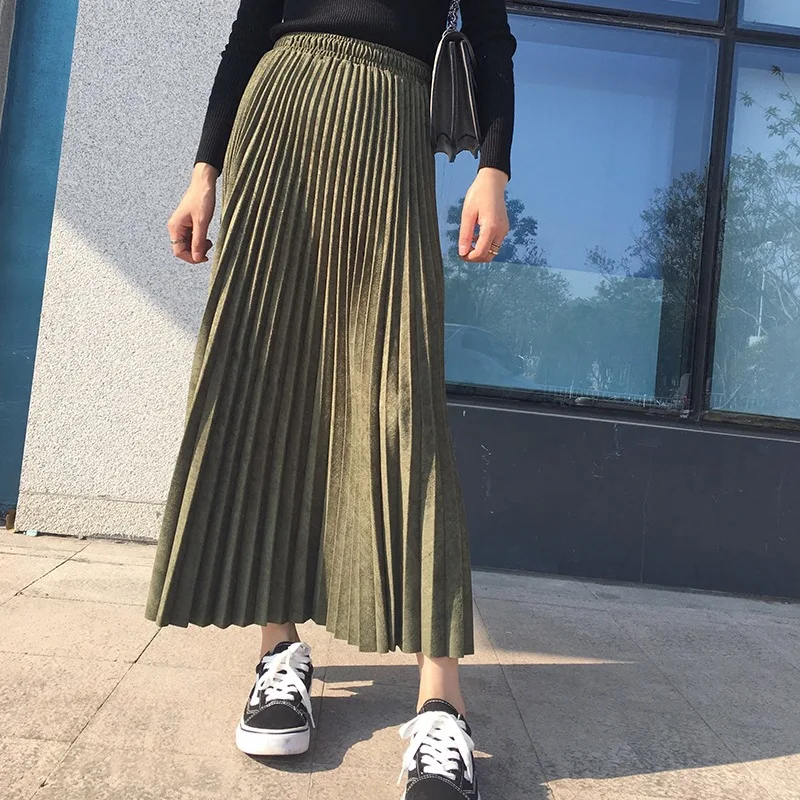 

2019 Women Suede Skirt Ladies Army Green Long Pleated Skirts High Waist Skirt Womens Saias Winter Skirt Faldas Jupe 0908-38