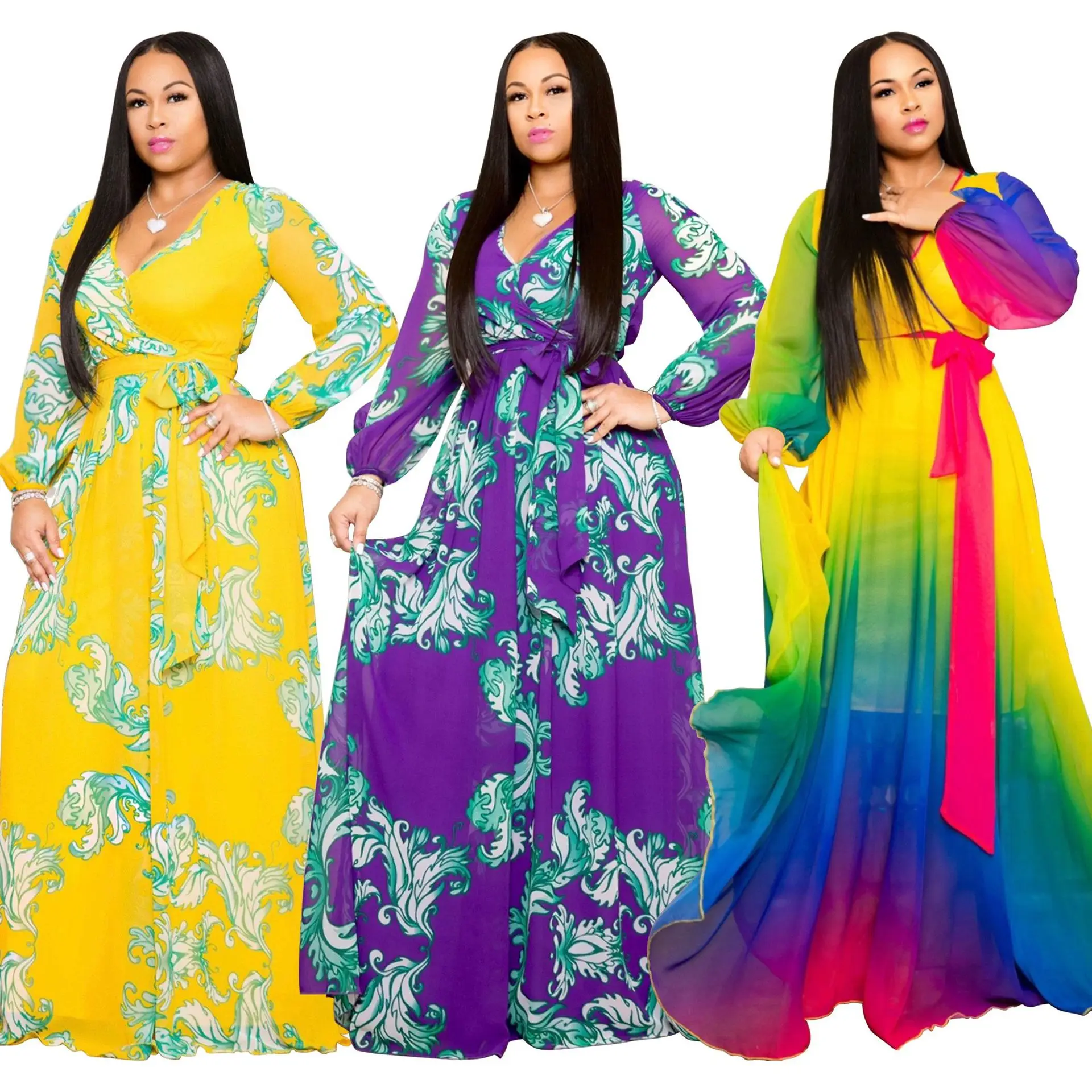 

Large Size Dress Autumn and Winter Chiffon Long Dress Digital Printing Fashion Wind Big Dress Dress Women Robe Sexy Office Dress