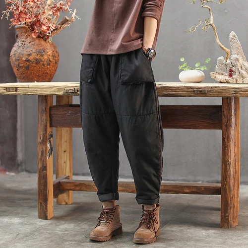 X-1902 black pants Осенние и зимние свободные хлопковые плотные однотонные брюки кэжуал цветные Свободные обтягивающие штаны-шаровары с талией толстые Хлопковые женские брюки - Цвет: X-1902 black pants