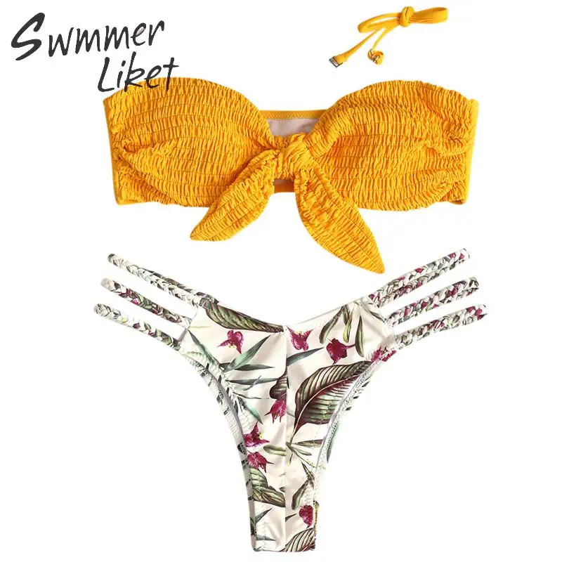 

Sexy printed pleated swimwear women Rope swimsuit gold female High cut bathing suit Tropical bandage bikini 2019 Push up biquini