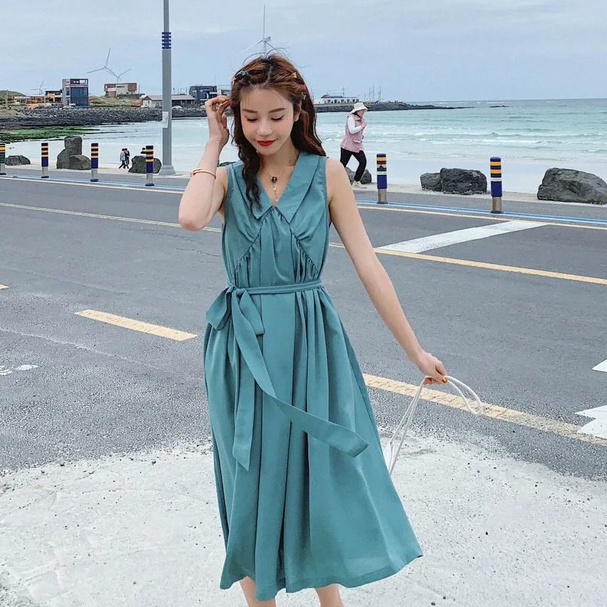 

Photo Shoot CHIC Candy GIRL'S Malachite Green Mid-length Sleeveless V-neck Pleated Lace-up A- line Maternity Clothes Dress Summe