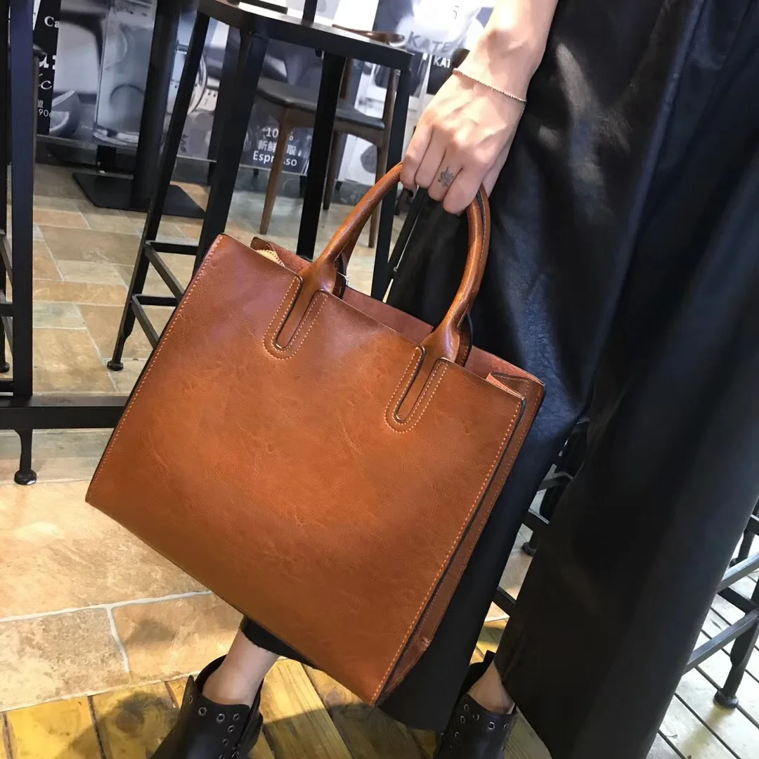 

New Style Fashion WOMEN'S Leather Bags Simple Versatile Large Capacity Oil Wax Cowhide Tote Bag Multi-functional Portable Should