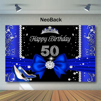 

Neoback 50th Birthday Backdrop Blue High Heels Crown Photography Backdrops Elegant Lady's 50th Birthday Party Photo Background