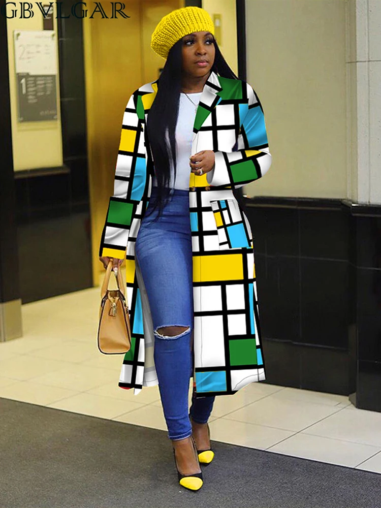 

Winter Color Block Long Sleeve Outwear Plus Size Plaid Print Trench Coat for Women Elegant Oversized Loose Coats and Jackets