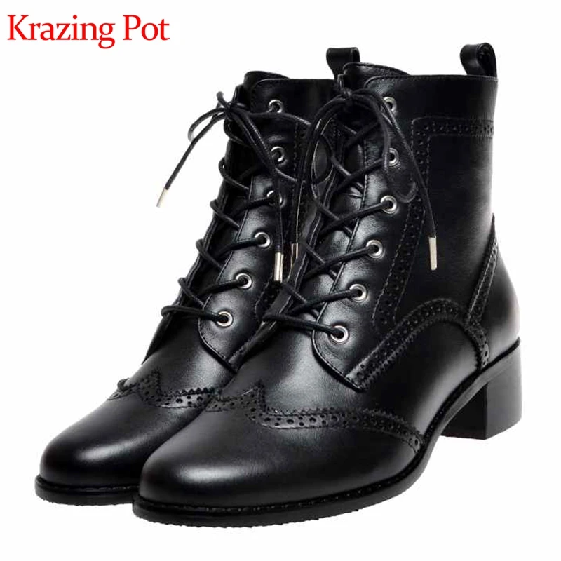 

Krazing pot cow leather winter block shoes med heel oxfords elegant vintage design cross-tied lace up keep warm ankle boots L25