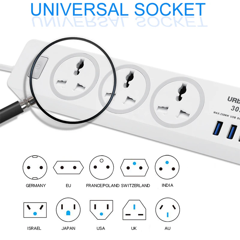 Мощность полосы Smart plug 110 250 В 2500 Вт быстрой зарядки розетка с USB универсальный