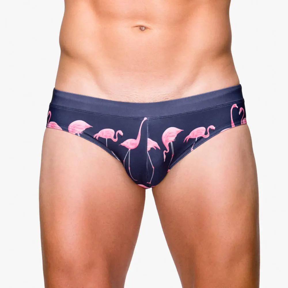 Pink Flamingo Printed Men Swimming Briefs Sexy Pouch Bulge Enhancing Push Up Padded Swimming Trunks Surfing Swimwear Swimsuits
