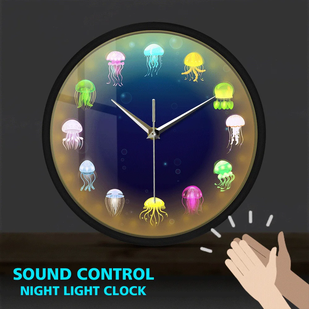 Ocean Jellyfish Metal Frame Luminous Wall Clock Sound Activated Aquarium Decor Sea Jellies Clocks Watch Marine Animals Art | Дом и сад
