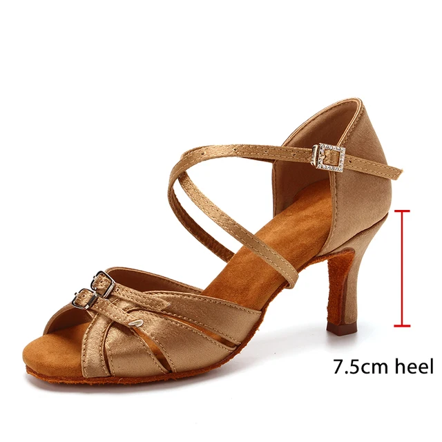 SWDZM Ballroom Women Latin Dance Shoes Modern Pole Dance Shoes Salsa Tango High Heel Adjustable Latin Shoes For Girls Ladies 7.5CM Light Brown