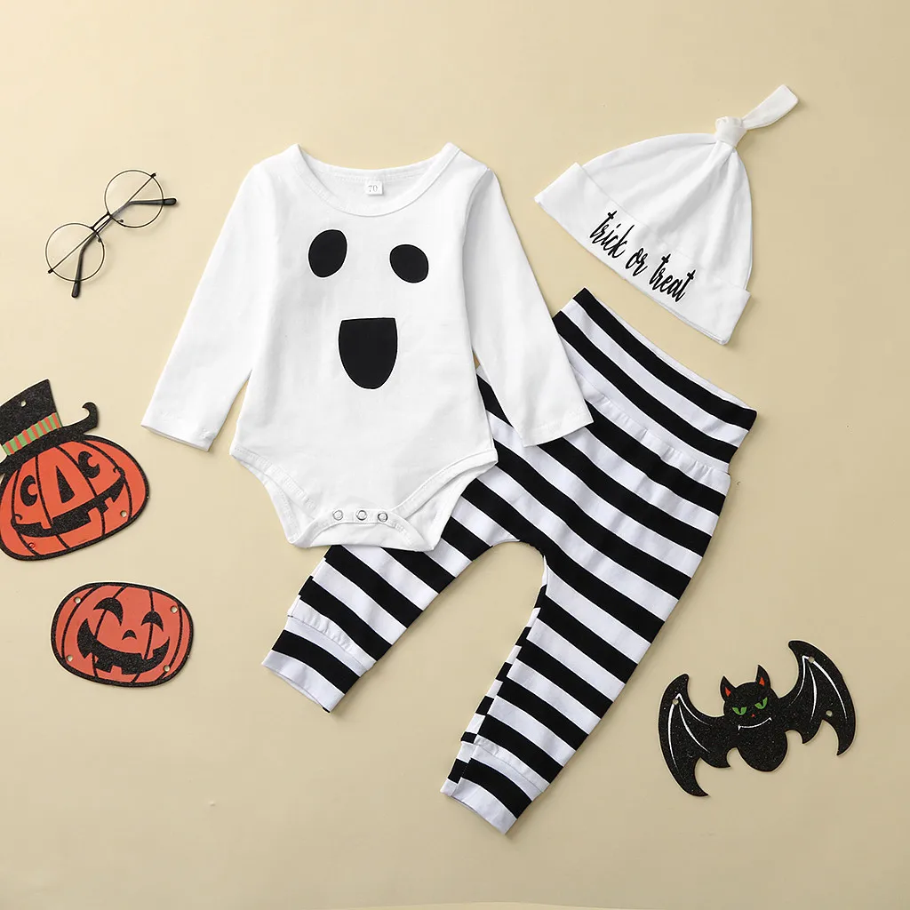 Fashion Winter Toddler Children Clothes Baby Kids Costume Girl Boy Long Sleeve Halloween Set Romper Tops Striped Pants Outfits