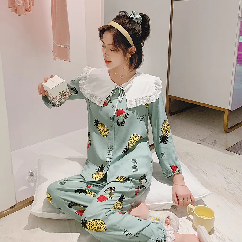 

Autumn New Women's Lapel Homewear Set Cotton Pineapple Printed Loose and Plus-sized Pajamas Round Neck One Product Dropshipping