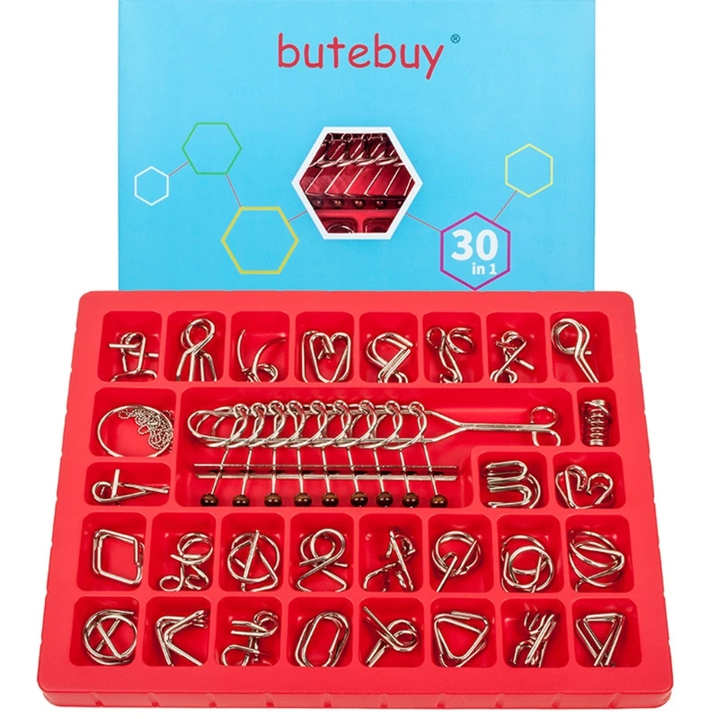 2021 New Butebuy 30Pcs Metal Wire Puzzle Set IQ Mind Brain Teaser Link Unlock Interlock G