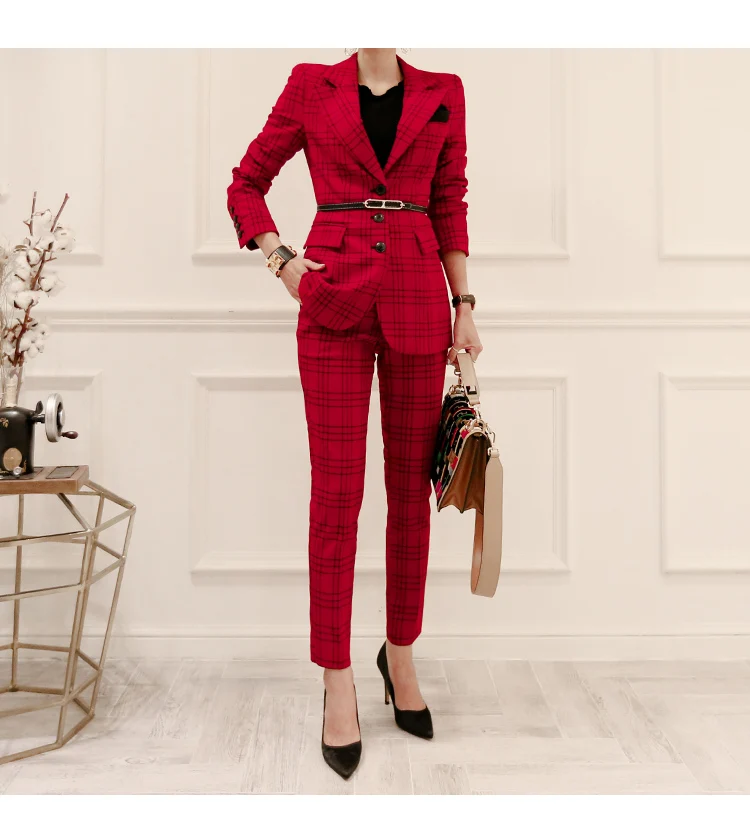 Формальный женский комплект одежды для работы, одноцветные стильные элегантные клетчатые брюки, костюмы из двух предметов, красные костюмы, повседневный деловой костюм для офиса