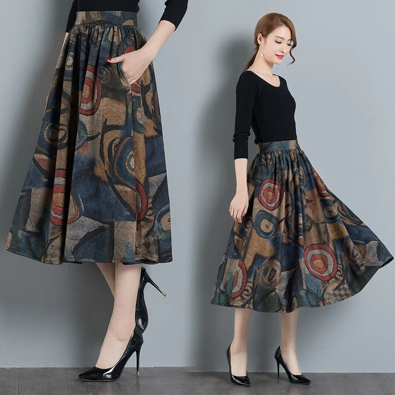 

2018 Autumn New Style Woolen Skirt Mid-length High Waist Skirt Ethnic-Style Printed A- line Version Pleated Skirt