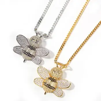 

Hardworking Bee Pandent CZ Pendant Necklace Hip Hop Full Iced Out Cubic Zirconia gold sliver CZ