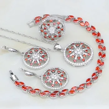 

925 Sterling Silver Jewelry Red Garnet White Crystal Costume Jewelry Sets For Women Earrings/Pendant/Necklace/Bracelet/Ring