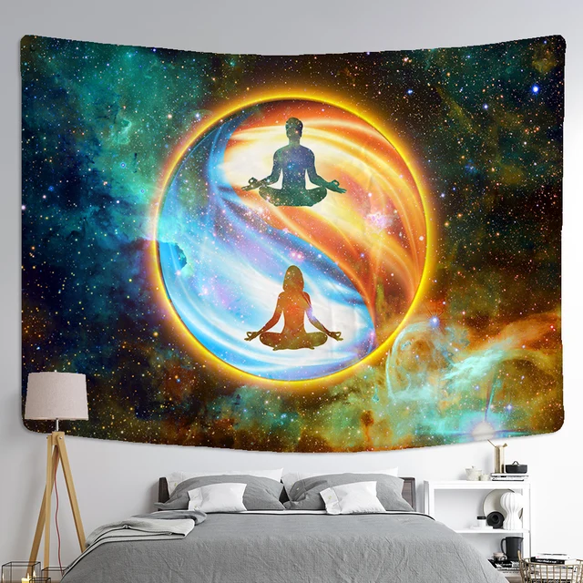 Buddha Statue Meditation Mandala Sun Moon Tapestry