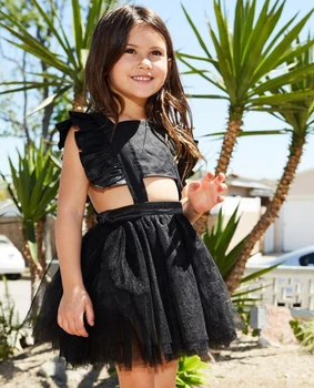 

Ruffle Kids Dresses Baby Girls Princess Tulle Dress Hollow Sleeveless Lolita Style Bow Summer Tutu Dress Square Collar Sundress