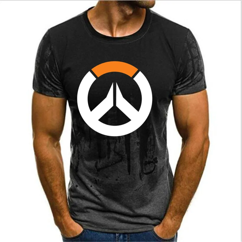Серый Высокое качество S-3XL Overwatch игра логотип геймер футболка по игре Футболка Топ с коротким рукавом футболки камуфляжная футболка - Цвет: Серый