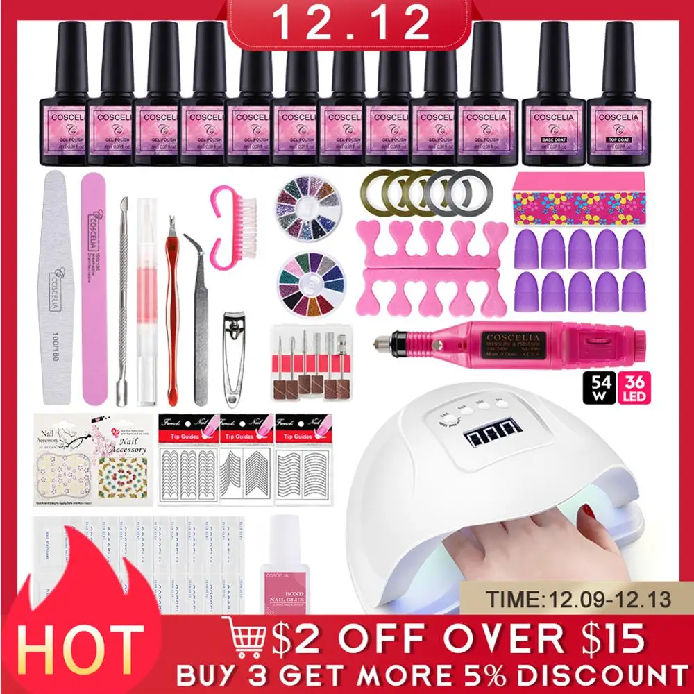 

COSCELIA 54W Lamp With 10PC Gel Nail Polish Set Tools For Manicure Base Top Coat Nail Kits Electric Manicure All For Manicure