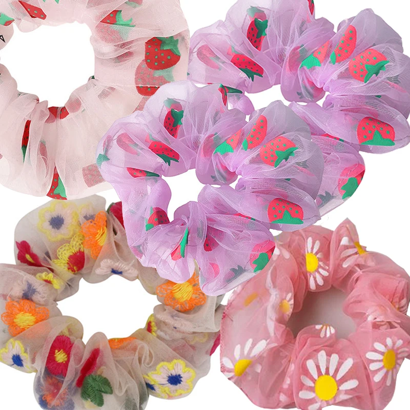 

Small Daisy Strawberry Hair Rope Flower Hair Ring Mori Daisy Flower Head Rope Satin Large Intestine Ring Hair Accessories Female