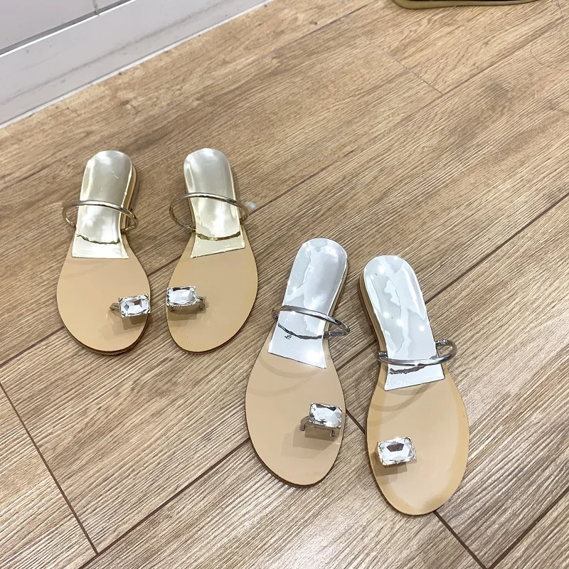 Big Rhinestone Summer Slippers Clip Toe Flats Sandals Slippers Increase Beach Shoes Casual Fashion Flips Flops Gold Silver Mules