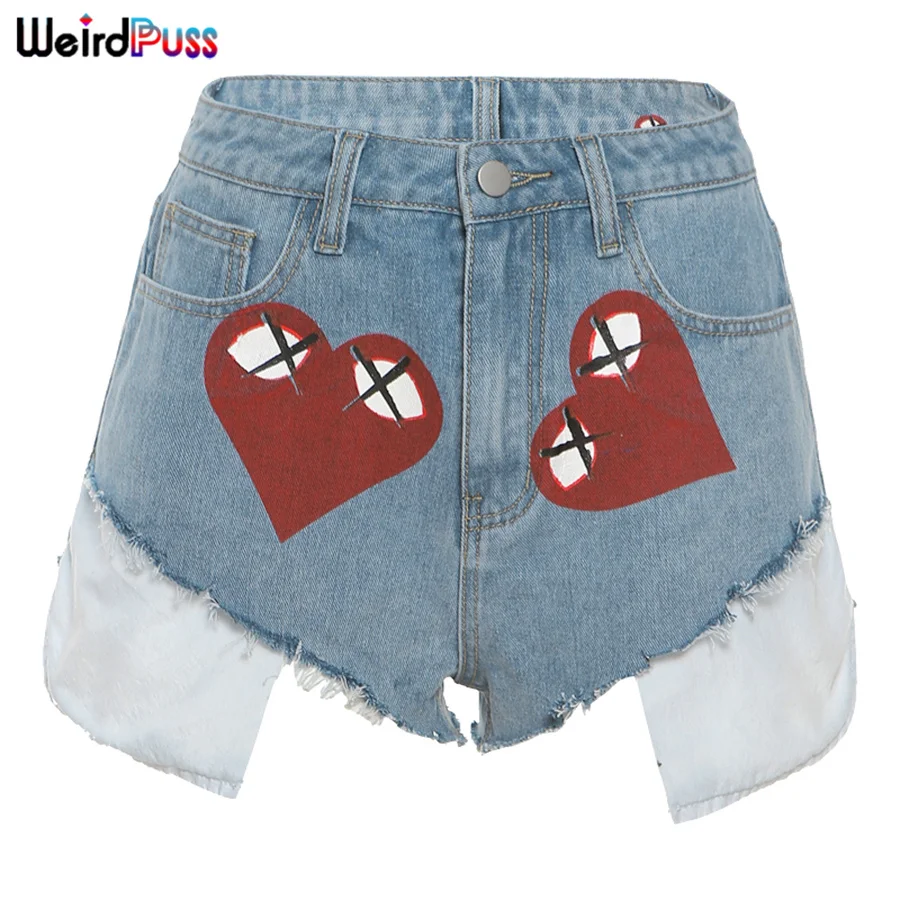 Weird Puss Sexy Heart Print Jean Shorts Women Casual Summer Fashion 2021 Streetwear Fur-Lined Leg-Openings Denim Booty Shorts khaki shorts