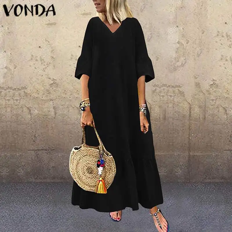 VONDA, сексуальное платье-рубашка с v-образным вырезом и расклешенными рукавами, богемные вечерние платья размера плюс, одноцветная Женская одежда, летний сарафан, S-5XL, туники