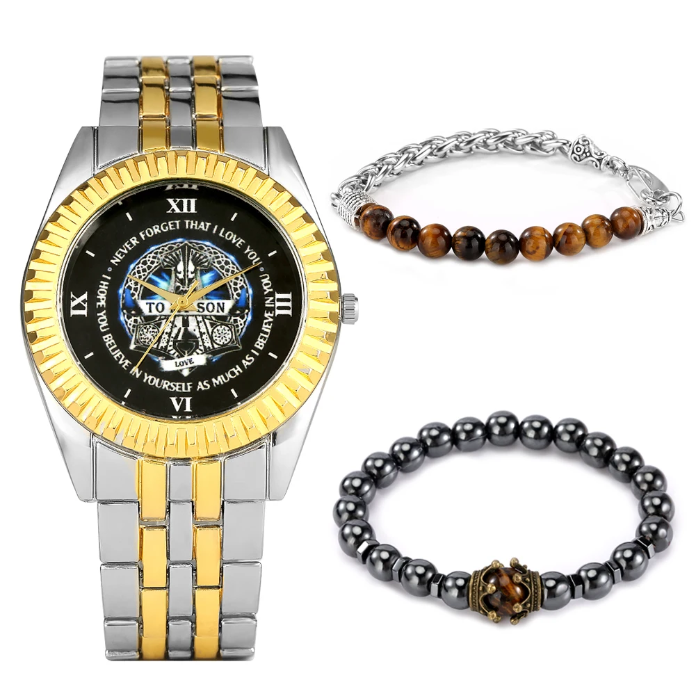 Men Watches 2021 Luxury Men's Fashion Casual Dress Watch Golden Stainless Steel Quartz Wristwatches Bracelet Gift Set for Men 4