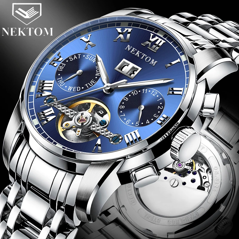 

NEKTOM 2020 Business Watch Men Stainless Steel Luminous Clock Men Tourbillon Waterproof Mechanical Watch Top Brand Blue Watches