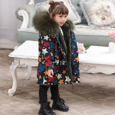 Star Green Fur Зимние детские парки с натуральным мехом Куртка с граффити меховые куртки для мальчиков теплая одежда для девочек съемная подкладка из меха кролика - Цвет: Star Green Fur